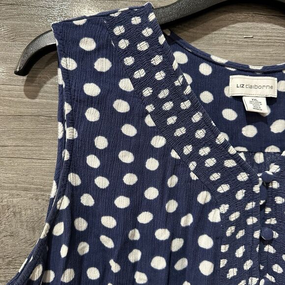 Liz Claiborne Tank Top Womens XXL Sleeveless Navy White Polka Dot Button Front - Picture 2 of 8